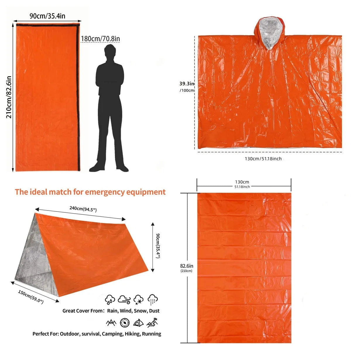 4 pcs outdoor emergency tent+sleeping bag+raincoat+first aid blanket bundle pocket set suitable for outdoor camping and hiking
