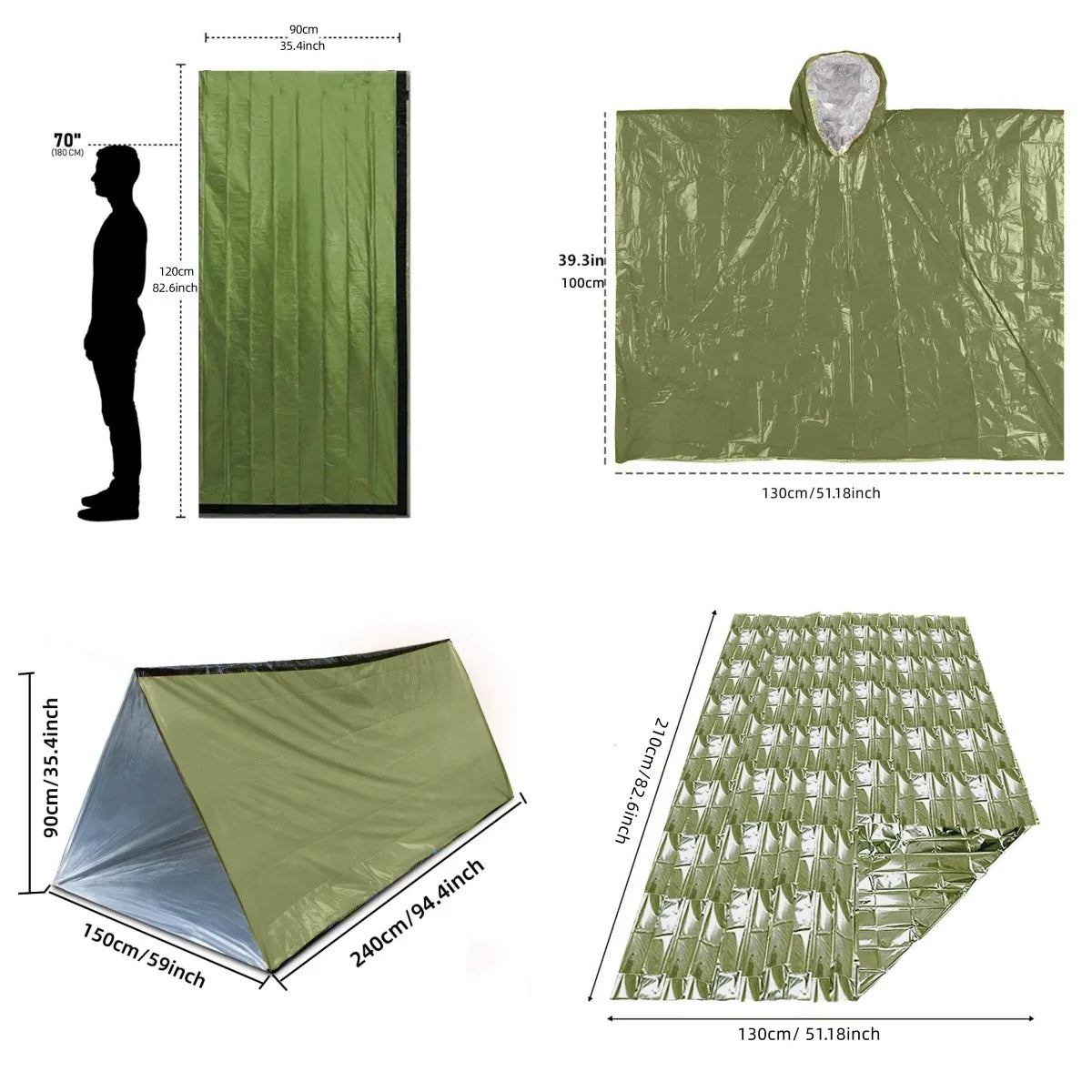 4 pcs outdoor emergency tent+sleeping bag+raincoat+first aid blanket bundle pocket set suitable for outdoor camping and hiking